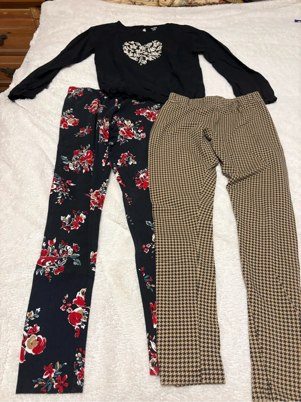 Carter's Black Floral Leggings and Tan Houndstooth Pants